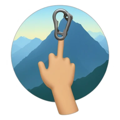 a hand holding a climbing clip in front of a mountain sticker