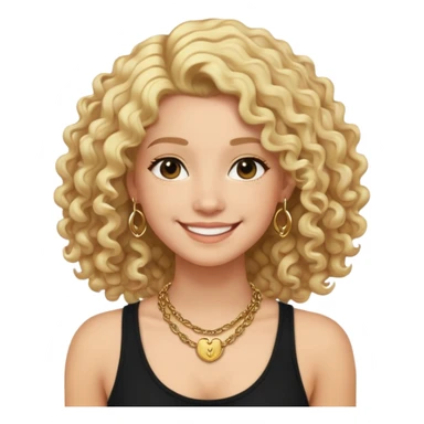 Pelo: Rubio, rizado y con mucho volumen, estilo media melena (altura de los hombros).

Piel: Tono claro.

Ropa: Camiseta o top sin mangas de color negro.

Accesorios: Collar dorado grueso, tipo cadena llamativa.

Expresión: Sonriente, expresión amigable y relajada.

Fondo o ambiente opcional (si se quiere personalizar más): Plantas y flores coloridas alrededor, en un entorno alegre y natural. sticker