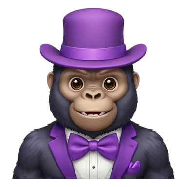 A cute, furry gorilla wearing a big purple hat and a bow tie and looking happy. sticker