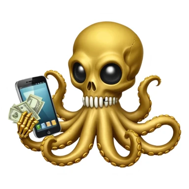 satanic octopus skeleton with scary evil eyes wearing a gold necklace and balaclava. 1 tentacle is holding a cellphone, 1 tentacle is holding a bone, 1 tentacle is holding a stack of cash. sticker