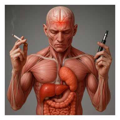 Medical illustration, hyperrealistic 4K, realistic anatomical human body, inflamed liver and intestine highlighted, holding a lit normal cigarette in the right hand and an electronic cigarette in the left hand, clear background, extremely detailed, same lighting and style as the reference image. sticker