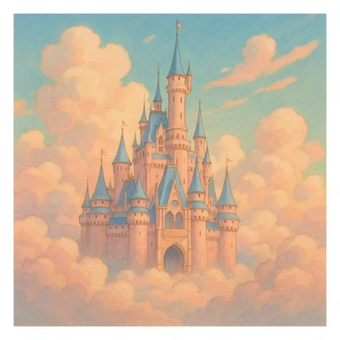 a disney castle, pastel colors, surrounded by clouds, fairytale style sticker