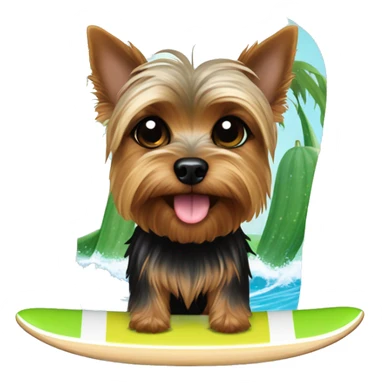 brown and black yorkshire terrier on a surf board with cucumber on the eyes sticker