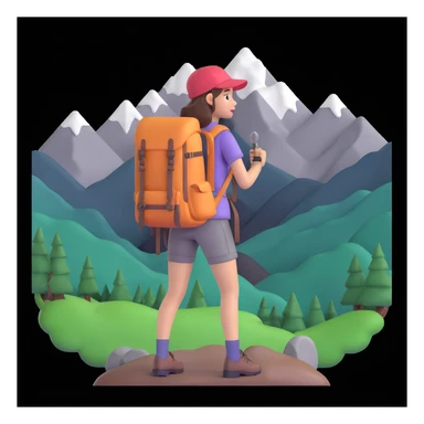 portrait of girl back packing mountains in background, close up pose sticker