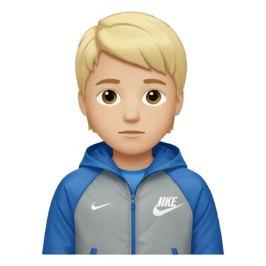 A boy with blond hair wearing a Nike jacket sticker