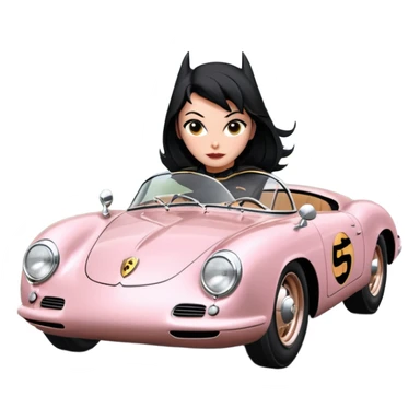 Adult BatGirl driving her satin-black and rose gold 1955 Porsche 550 Spyder too fast in the country, despite the rainy conditions making the tires slippery, sliding sideways with her black hair fluttering in the wind sticker