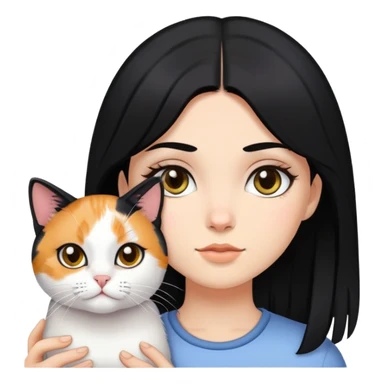 black haired black eyed white girl holding calico cat sticker