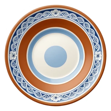 create me an image of ceramic plate in perspective view. with some white embossed ornament on sides sticker