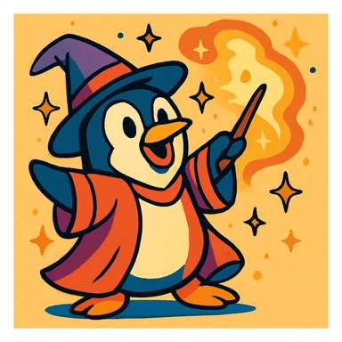 cartoon penguin wizard casting a spell, with sparkles and a magical aura, vibrant toon style sticker