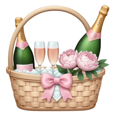 White Picnic basket with light pink bow and white peonies and a pink champage bottle inside sticker