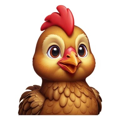 Cinematic Cute Brown Chicken Portrait Emoji, Head tilted playfully and inquisitively, featuring a lustrous brown feathered coat with a natural sheen and a subtle red comb, round, sparkling beady eyes filled with curiosity, Simplified yet irresistibly adorable features, highly detailed, glowing with a warm, friendly glow, high shine, affectionate and lively, stylized with a touch of country charm, bright and endearing, soft glowing outline, capturing the essence of a mischievous yet loving chicken, so playful it feels like it could peck out of the screen and into your arms! sticker