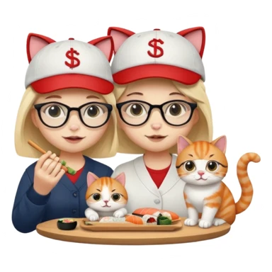 cute girl cat wearing glasses and a cute boy cat wearing a baseball cap eating sushi together sticker