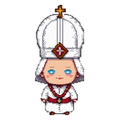 pope, classic religious attire, mitre hat, neutral background, pixel art style sticker