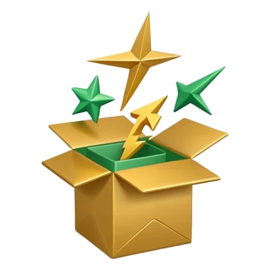 3D minimal open box with small floating icons coming out (envelope, lightning bolt, star), soft matte finish, deep green (#0B3D2C) box, gold (#C9B037) floating icons, Apple style, ultra clean and sleek, very soft ambient shadow, transparent background sticker