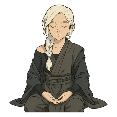  a closeup portrait of young woman with gold yellow eyes, white hair, long braid, black off-shoulder top, punk gothic style, futuristic cyberwave cyberpunk,  jedi attire, kneeling and gathering chi, jedi meditate, eyes closed hands at full rest. original republic jedi robes padawan sticker