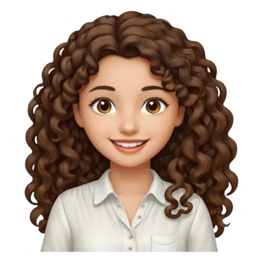 Morena, pele escura, cabelo longo cacheado, pequena e com uma blusa branca sorrindo sticker