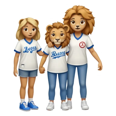 friendly anthropomorphised female lion wearing a baseball shirt, jeans, and trainers, comforting another character sticker
