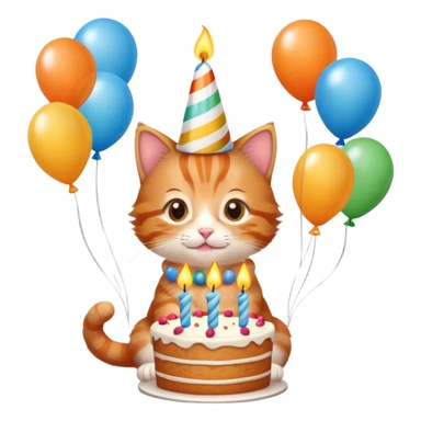 Ginger tabby kitten celebrates birthday, birthday hat, birthday cake, one candle, balloons, happy, gifts sticker