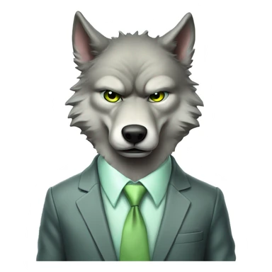 Portrait of Big Bad Angry Wolf with a human-like face wears a sleek jacket light grey and a pastel green tie like a salesman and eyes color matching the tie sticker