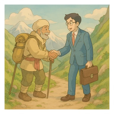 ghibli style sherpa and businessperson collaborating on a mountain path with soft colors sticker