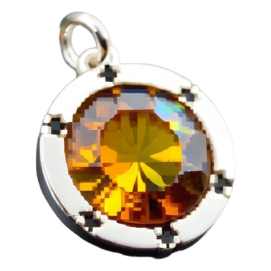extreme close up of a round cut holographic amber charm with silver metal accent sticker