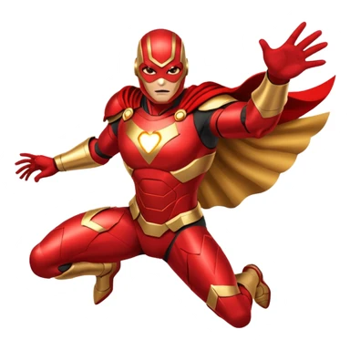 "A high-quality die-cut sticker of a tech-based armored superhero in a dynamic flying pose. Vibrant red and gold metallic plating, glowing circular chest piece, thick white border, flat vector art style, white background." sticker