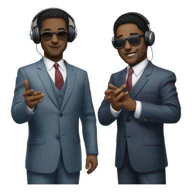Two well-dressed individuals in suits human bodies with cat faces and hands. Wearing headphones for a podcast. Happy faces.  Almost the look of New Jack City clean, from back in the 90’s getting money. 
 sticker
