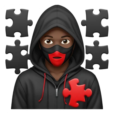 grayscale black mysterious masked hooded man with puzzle logo on hood sticker