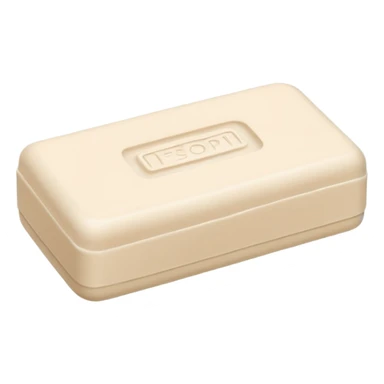 solid rectangular bar of soap with slightly rounded edges, matte chalky surface in pale beige or off-white tones, dense and firm texture, subtle ridges or embossed mark on top, no packaging, no bubbles, no cloth, soft lighting, subtle shadows, emoji scale sticker