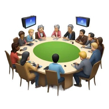 Camera club meeting with people sitting at long table with a digital screen at one end. sticker