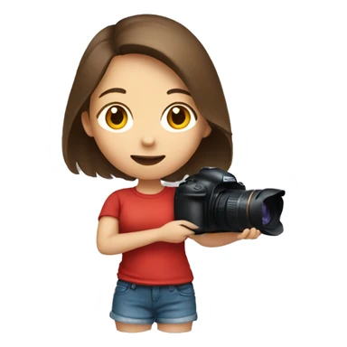 girl with brown hair, in red t-shirt holding camera sticker