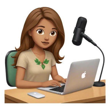 tanned brown long hair woman, sat at desk with MacBook, podcast microphone bleige top and vine color, sexy, glass table sticker