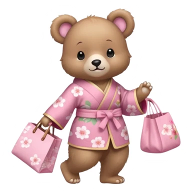 A cute baby bear character in pastel style, standing upright like a human. 
Light brown soft fur, large round ears, rounded paws and feet. 
Wearing a pink kimono with soft cherry blossom patterns on the sleeves and bottom, Holding a cute pastel shopping bag with one paw, walking pose. sticker