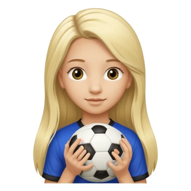 A girl with long light blonde hair with long eyelashes that looks around 13 years old with a soccer ball sticker