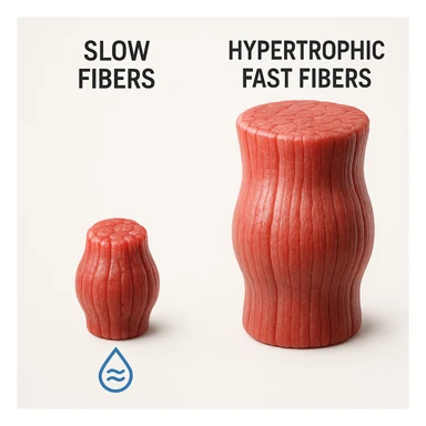 hyper realistic image showing visual comparison between saturated slow fibers and hypertrophic fast fibers, slow fibers appear compact and minimally grown, saturation symbols, educational atmosphere, white background sticker