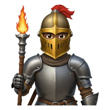 knight holding a short wooden torch in hand wearing darker, realistic iron armor, and a closed slitted helmet in dark souls style sticker