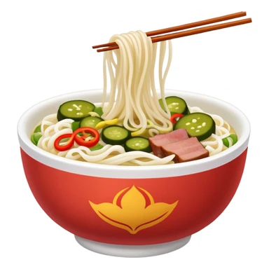 Guilin rice noodles with pickles and meat topping, simplified emoji style with bold outlines and bright colors, cartoon style rice noodle bowl sticker