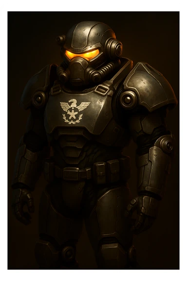 Add the Enclave logo prominently on the chest of the X-01 power armor. Maintain the detailed, futuristic, metallic look with dramatic lighting emphasizing the armor's contours and the logo's presence. sticker