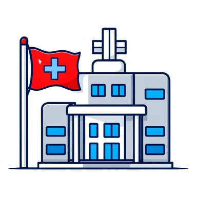 Modern hospital with Thai flag prominently displayed, medical symbol, flag with red white blue stripes sticker