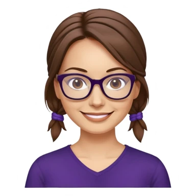 nữ 40 tuổi, da trắng, tóc được buộc gọn gàng màu nâu, mặt cười tươi vui vẻ, đeo kính màu đen, áo tím đậm sticker