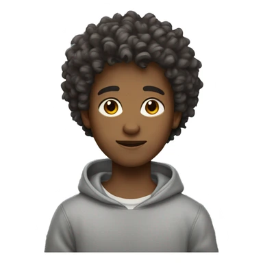 A curly boy with slightly dark skin, dark brown hair, light eyes and a gray sweatshirt sticker