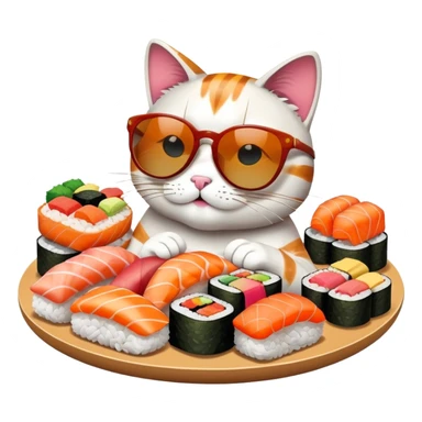 cool cat wearing sunglasses eating a big pile of colorful sushi pieces, stylish cat enjoying sushi sticker