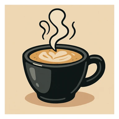 black cappuccino coffee modern flat style, cup with steam, no text sticker