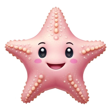 Cinematic cute round starfish, pastel pink, soft bumpy texture, tiny happy face, slightly tilted, glowing warmly, sparkling with gentle ocean magic. sticker