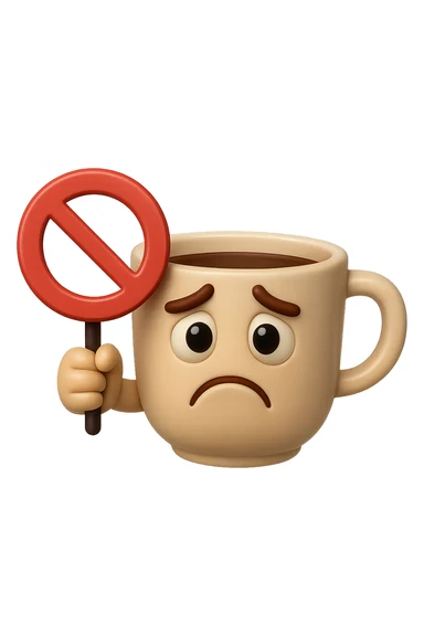 emoji stile iphone di una tazzina di caffè con espressione triste in volto mentre tiene un divieto in mano, iperrealistico 4k sticker