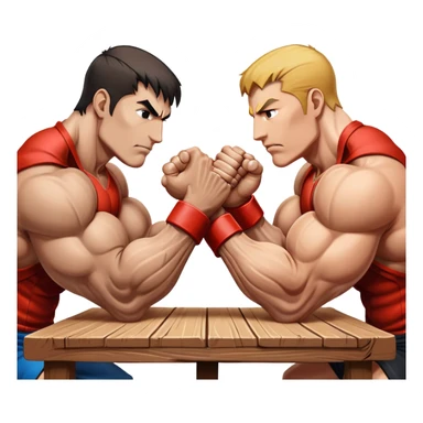 Two powerful arms locked in an intense arm wrestling competition. One arm is strong and steady, while the other strains to push back. The background shows a simple table with a focus on the clash of strength and determination. Transparent background. sticker