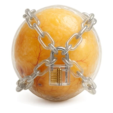 adipocyte with transparent chains and padlock, hyper realistic 4K, cellular details, surreal atmosphere, white background sticker
