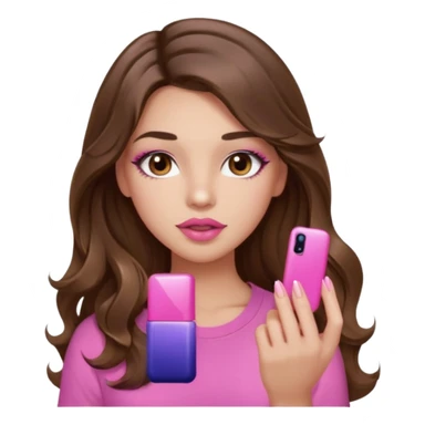 girl with long wavy brown hair, brown eyes, light to medium complexion, in a pink shirt, pink lips, long lashes, puckered lips, showing off a pink manicure sticker