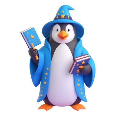 penguin wizard with a long beard, starry robe, and spellbook sticker