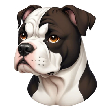 Cinematic Noble Black and White American Bulldog Portrait Emoji, Poised and regal, with a strong, muscular build and a striking black and white coat, deep-set soulful brown eyes, Simplified yet sharp and sophisticated features, highly detailed, glowing with a soft, dignified glow, high shine, intelligent and loyal, stylized with an air of strength, focused and attentive, soft glowing outline, capturing the essence of a watchful and confident guardian, so majestic it feels as though it could step out of the screen with effortless authority! sticker